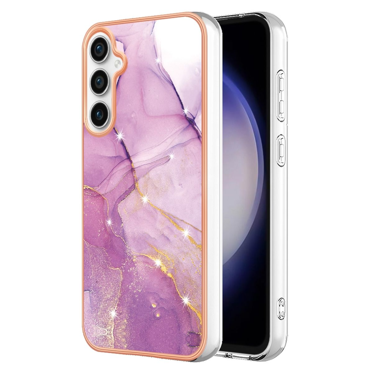 Rosa Handyhülle mit lila und goldfarbenem Marmordesign. Die Handyhülle wird mit einem darin befindlichen Telefon gezeigt.