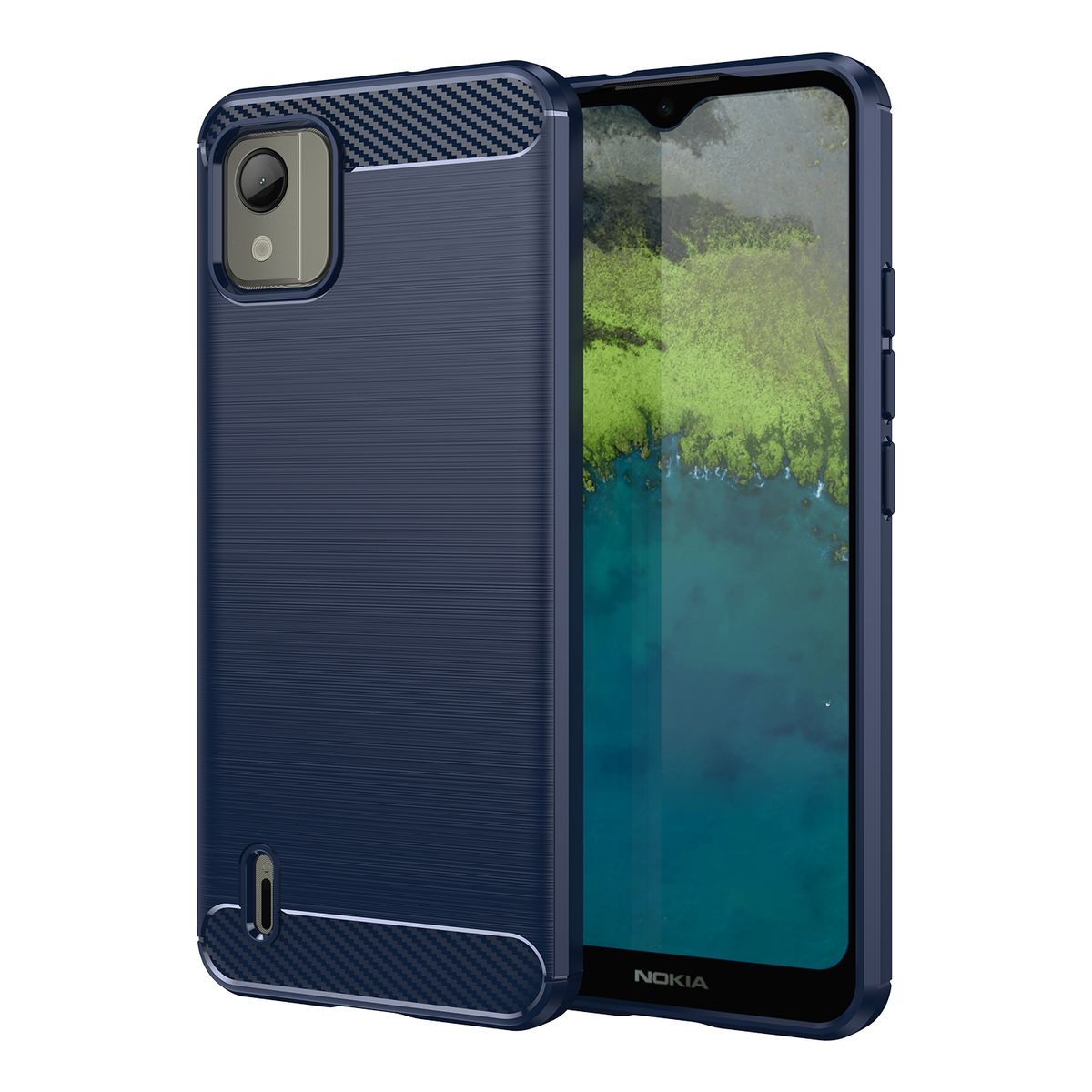 Blaue Handyhülle auf einem Telefon. Das Telefon zeigt einen See und Bäume. Hülle hat ein Kohlefaser-Design.