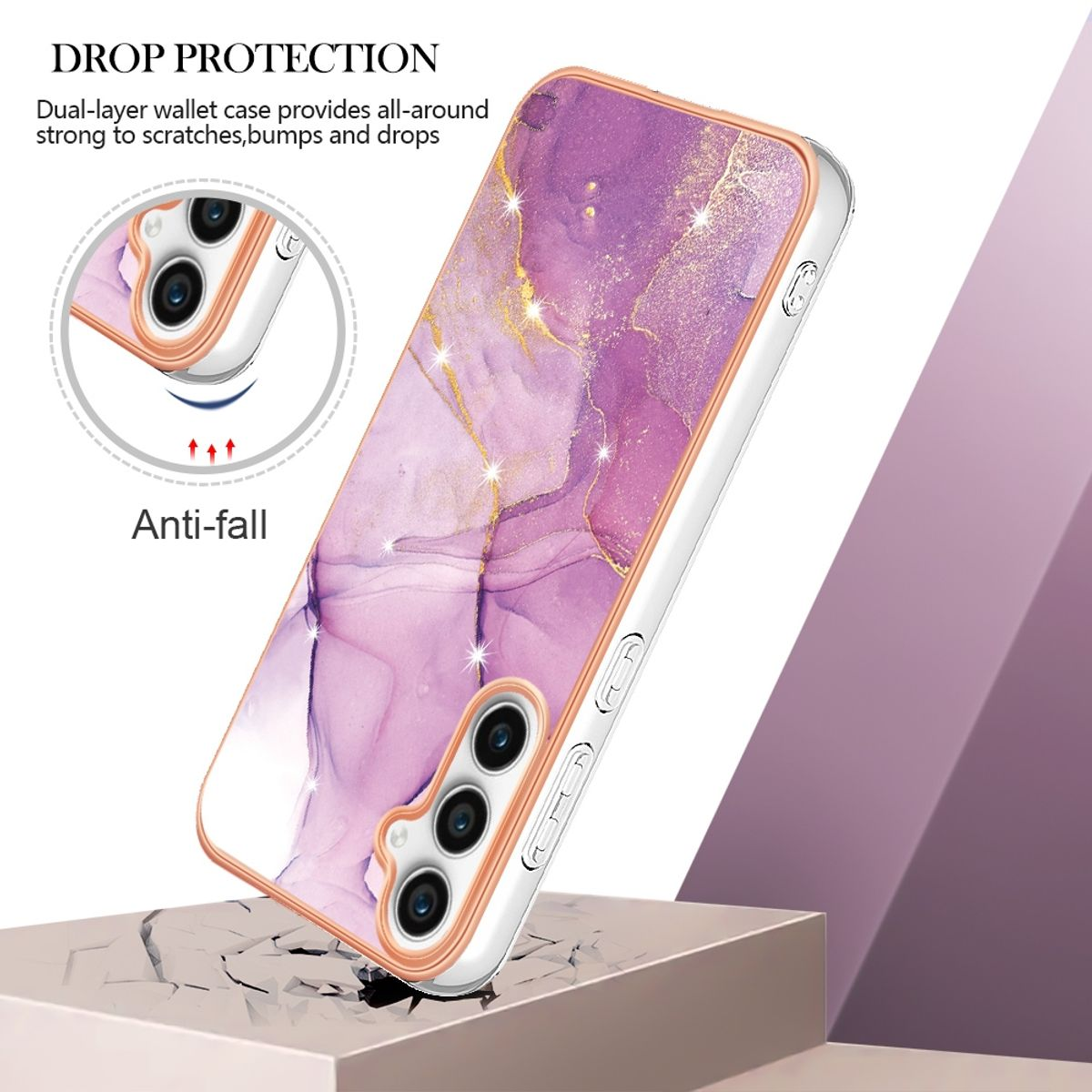 Handyhülle mit lila-goldenem Marmordesign. Auf einer Oberfläche mit Drop-Protection-Label.
