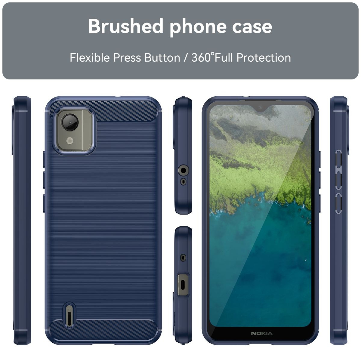 Eine dunkelblaue Handyhülle, mehrere Ansichten gezeigt, mit einem Telefon im Inneren.