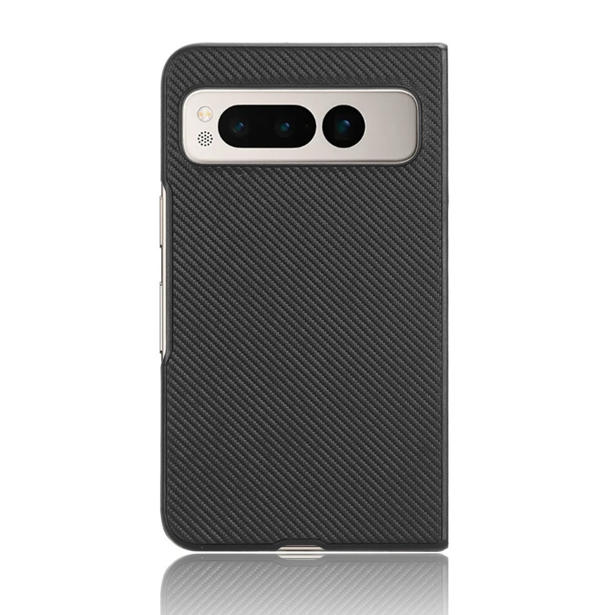 Schwarze Handyhülle mit zwei Kameraausschnitten. Die Hülle ist strukturiert. Das Telefon liegt auf einer weißen Oberfläche.