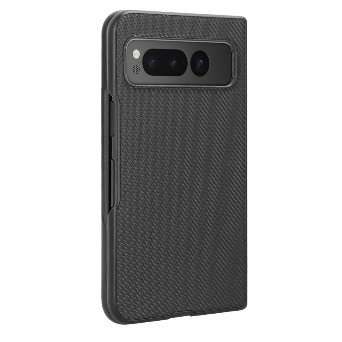 Eine schwarze Handyhülle mit Karbonfasermuster, die die Kamera des Telefons zeigt.