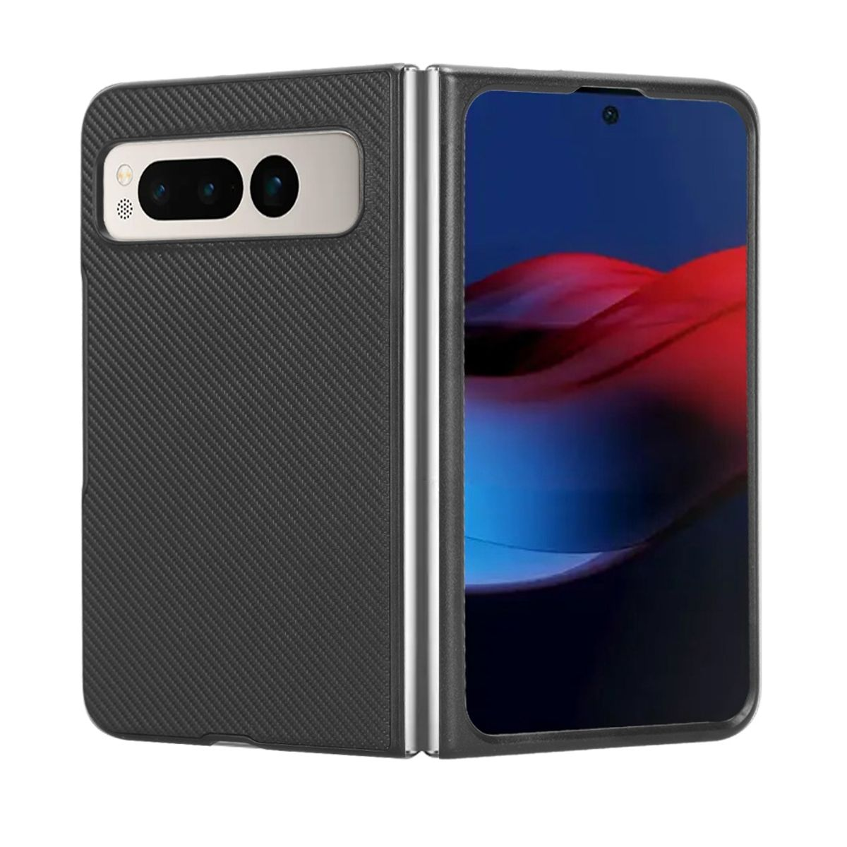Ein faltbares Telefon, geöffnet. Es hat eine Kamera auf der Rückseite und einen Bildschirm.