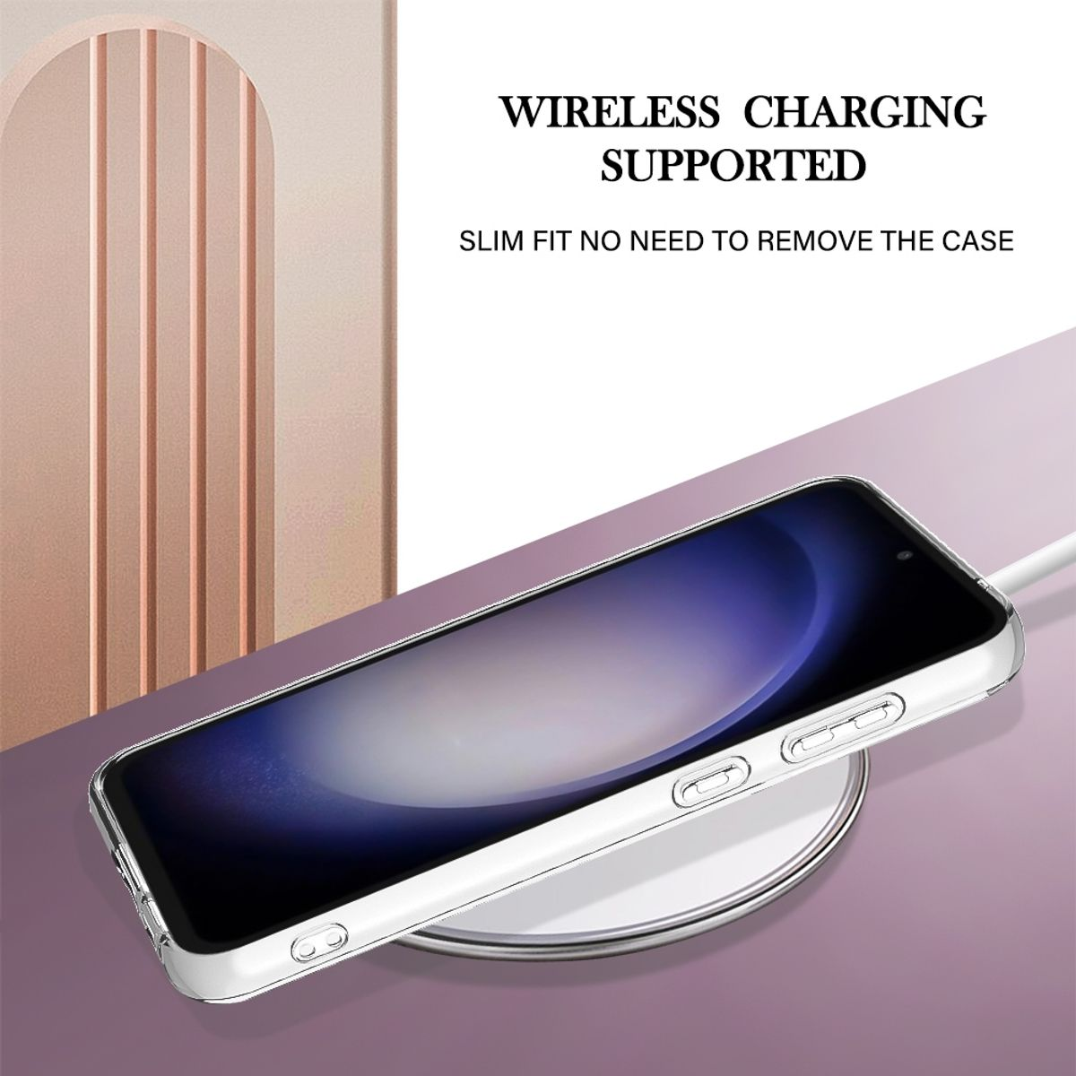 Ein Telefon liegt auf einem kabellosen Ladegerät. Der Text oben lautet 'WIRELESS CHARGING SUPPORTED' und 'SLIM FIT'.
