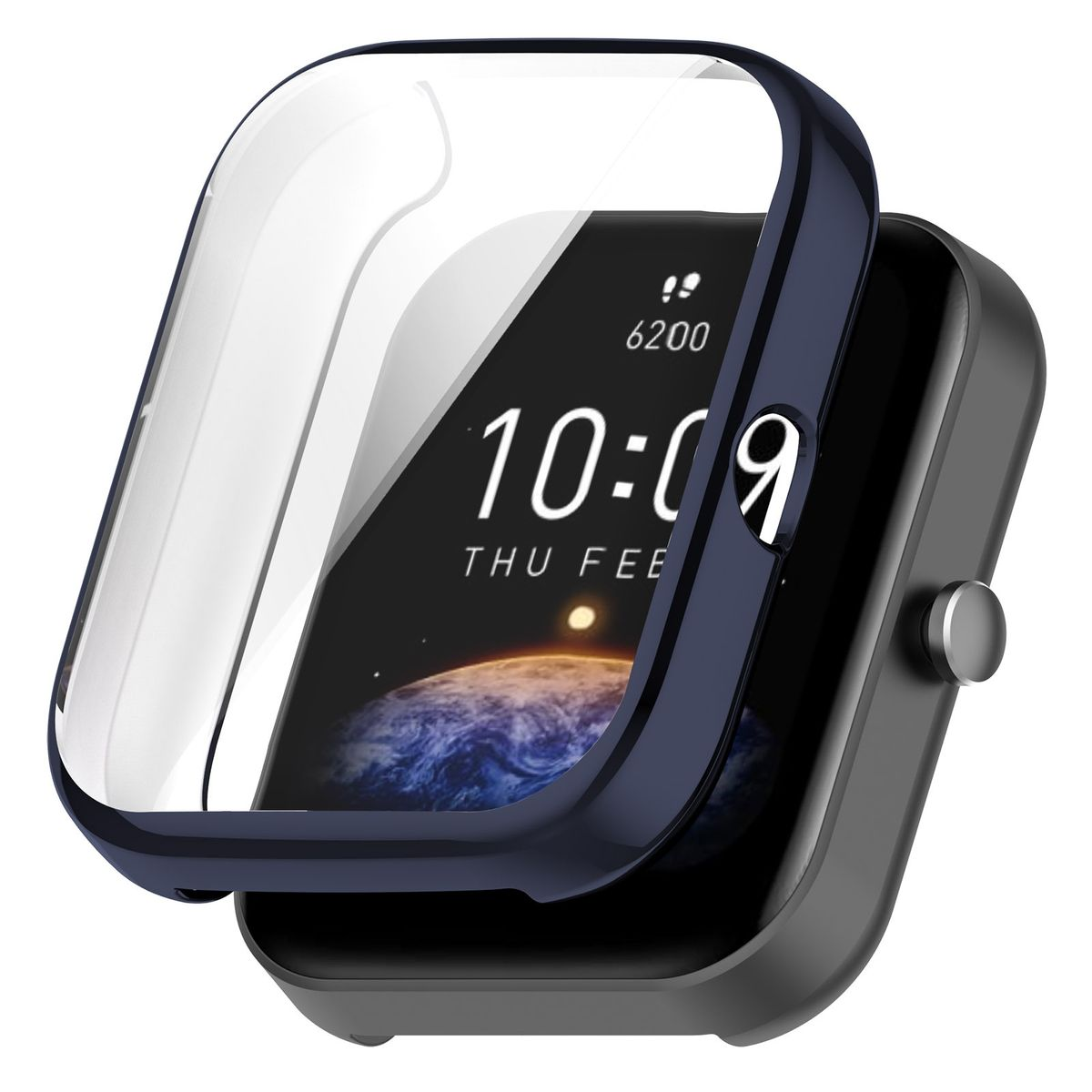 Smartwatch mit dunkelblauem Gehäuse und klarem Displayschutz, der die Uhrzeit anzeigt.