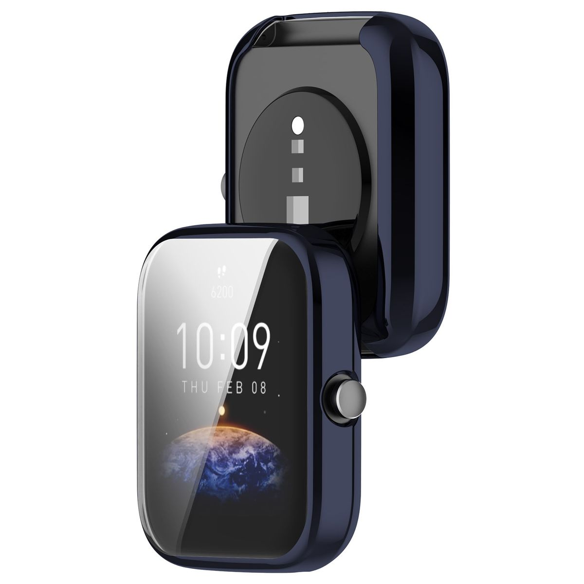 Marineblaue Smartwatch mit Zeitanzeige und geöffnetem Gehäuse, Rückseite sichtbar.