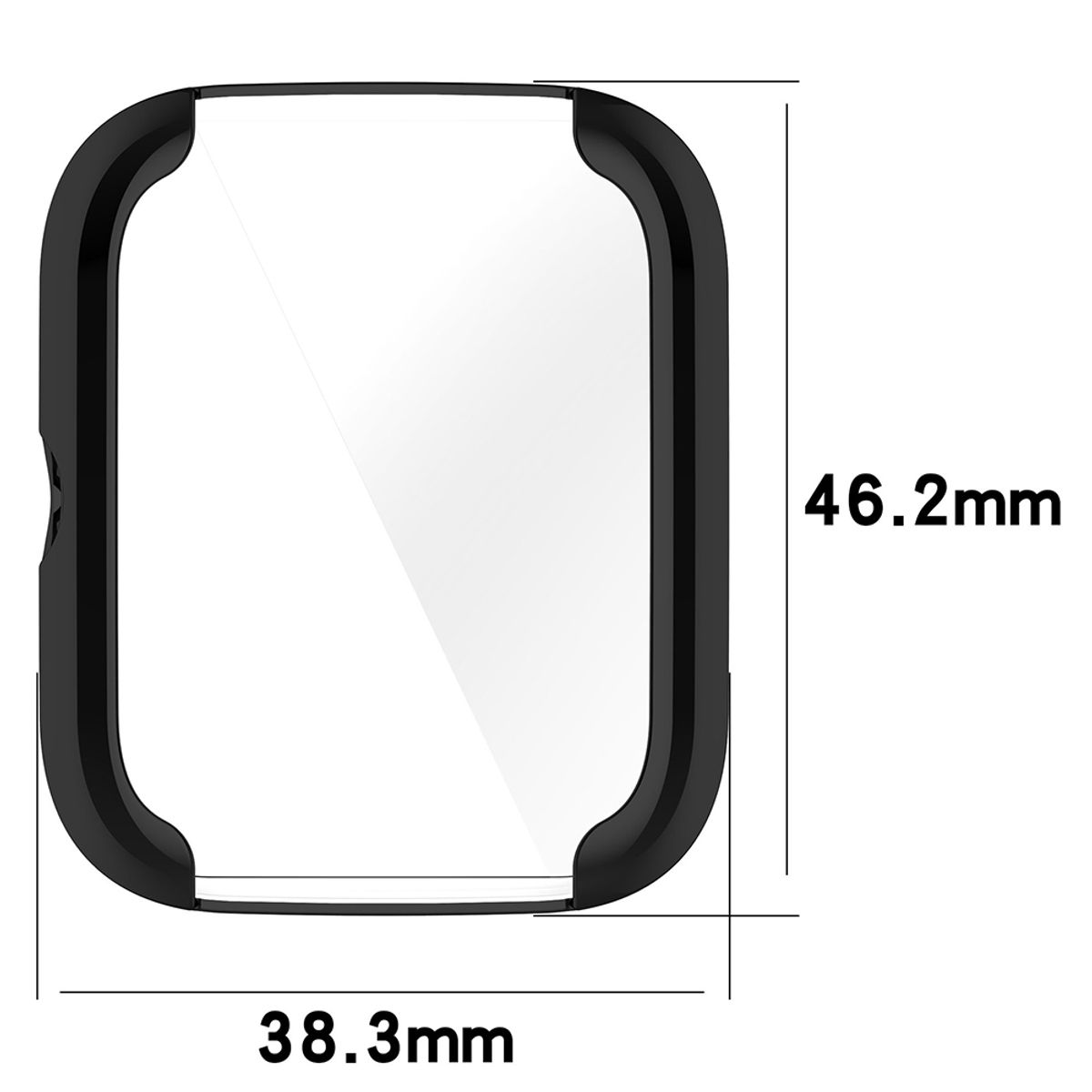 Schwarzes Uhrengehäuse mit Displayschutz, Abmessungen 46,2 mm x 38,3 mm.