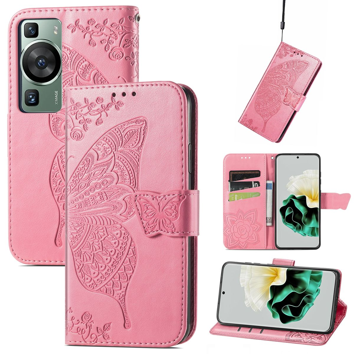 Rosa Handyhülle mit Schmetterlingsdesign, mehrere Ansichten. Ein Telefon darin.