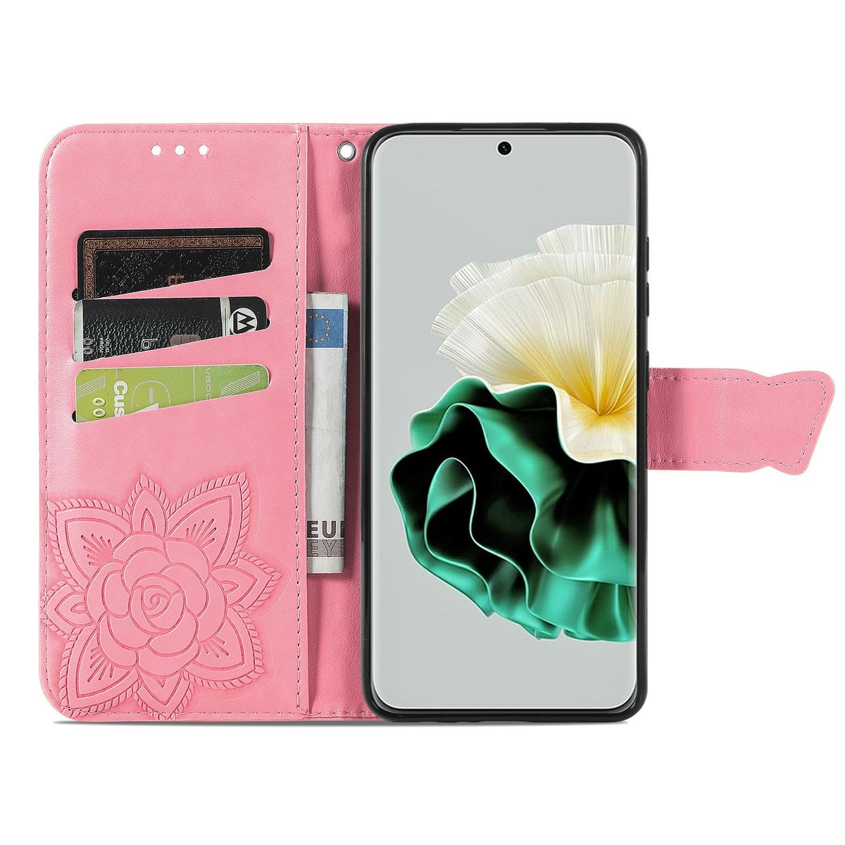 Rosa Handyhülle mit floralem Design. Es hat Fächer für Karten und ein Telefon rechts.