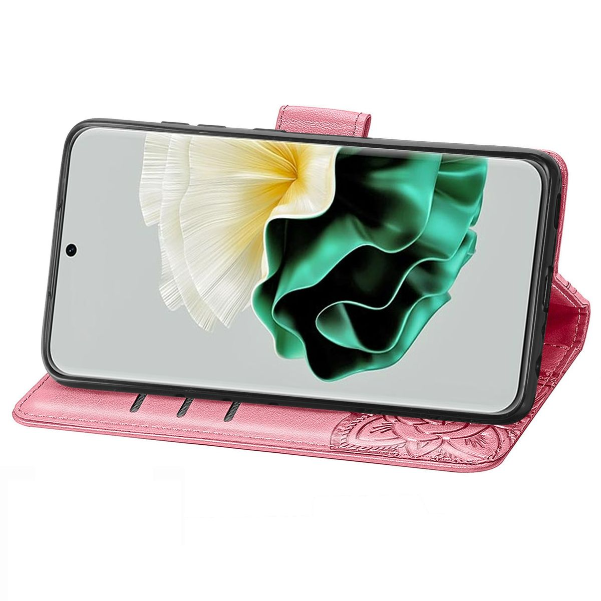 Eine rosa Handyhülle mit einem Telefon darin, das ein farbenfrohes Bild zeigt. Blumendesign sichtbar.