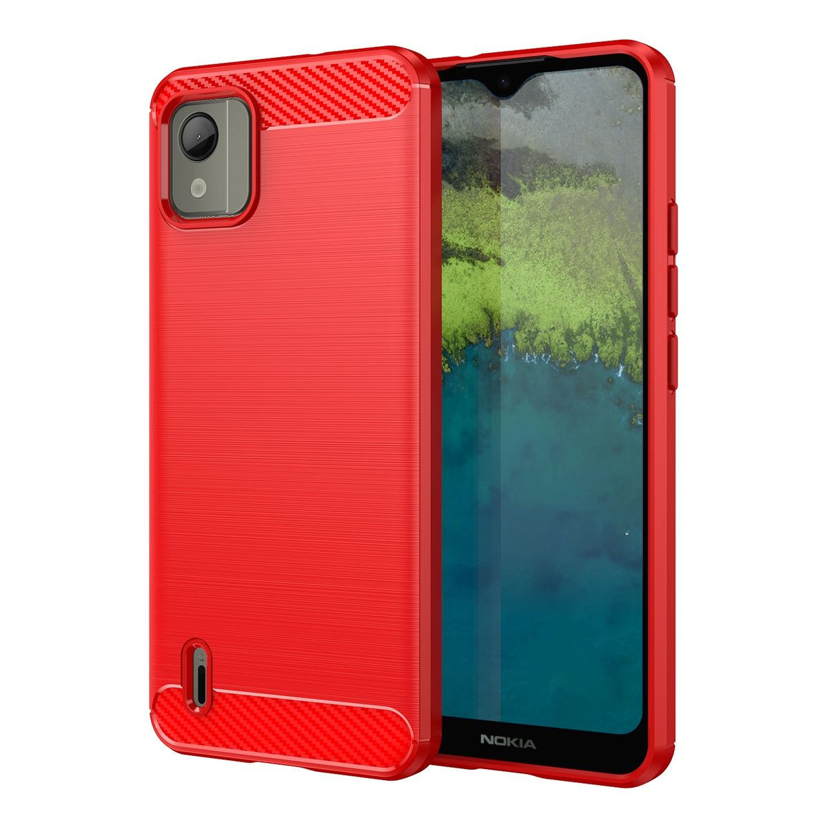 Rote Handyhülle auf weißem Hintergrund. Die Hülle bedeckt ein Telefon mit einem See.