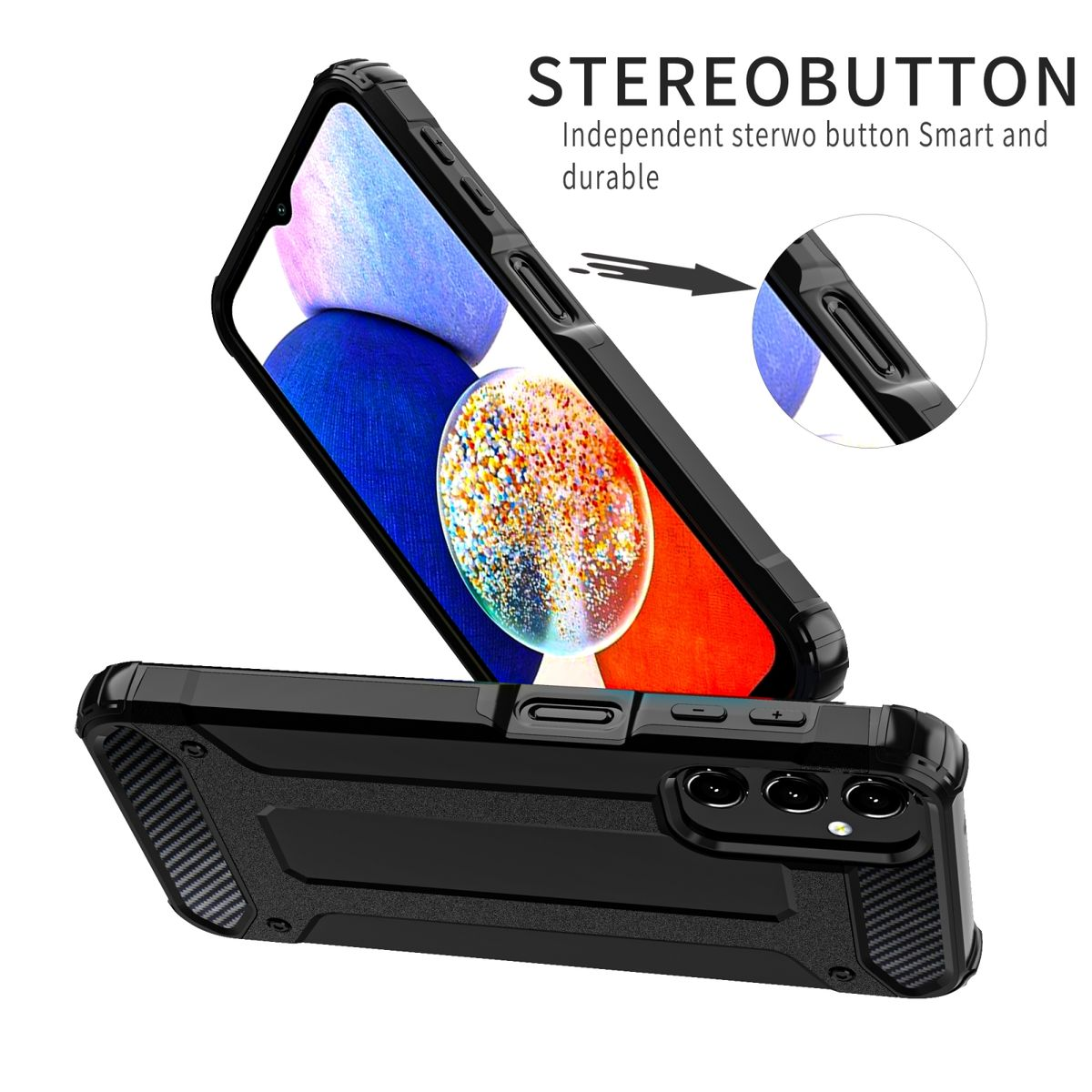 Eine schwarze Handyhülle mit Telefon. Die Hülle hat eine strukturierte Carbonfaser-Optik.