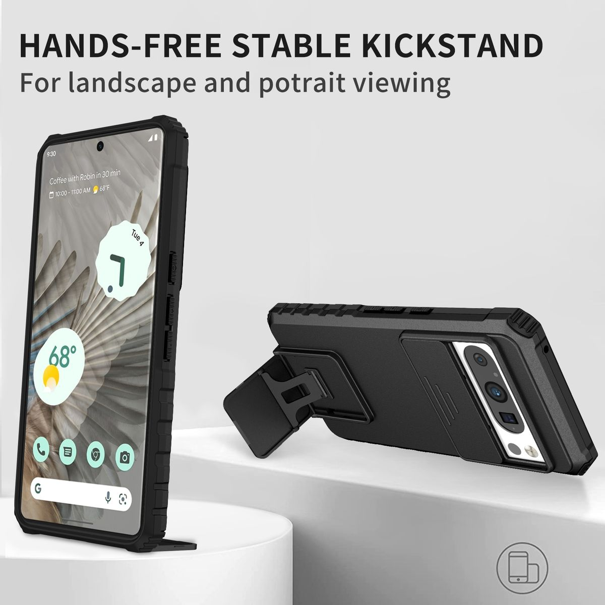 Schwarze Handyhülle mit Ständer. Das Telefon steht auf einem Ständer, mit geöffneter Hülle.