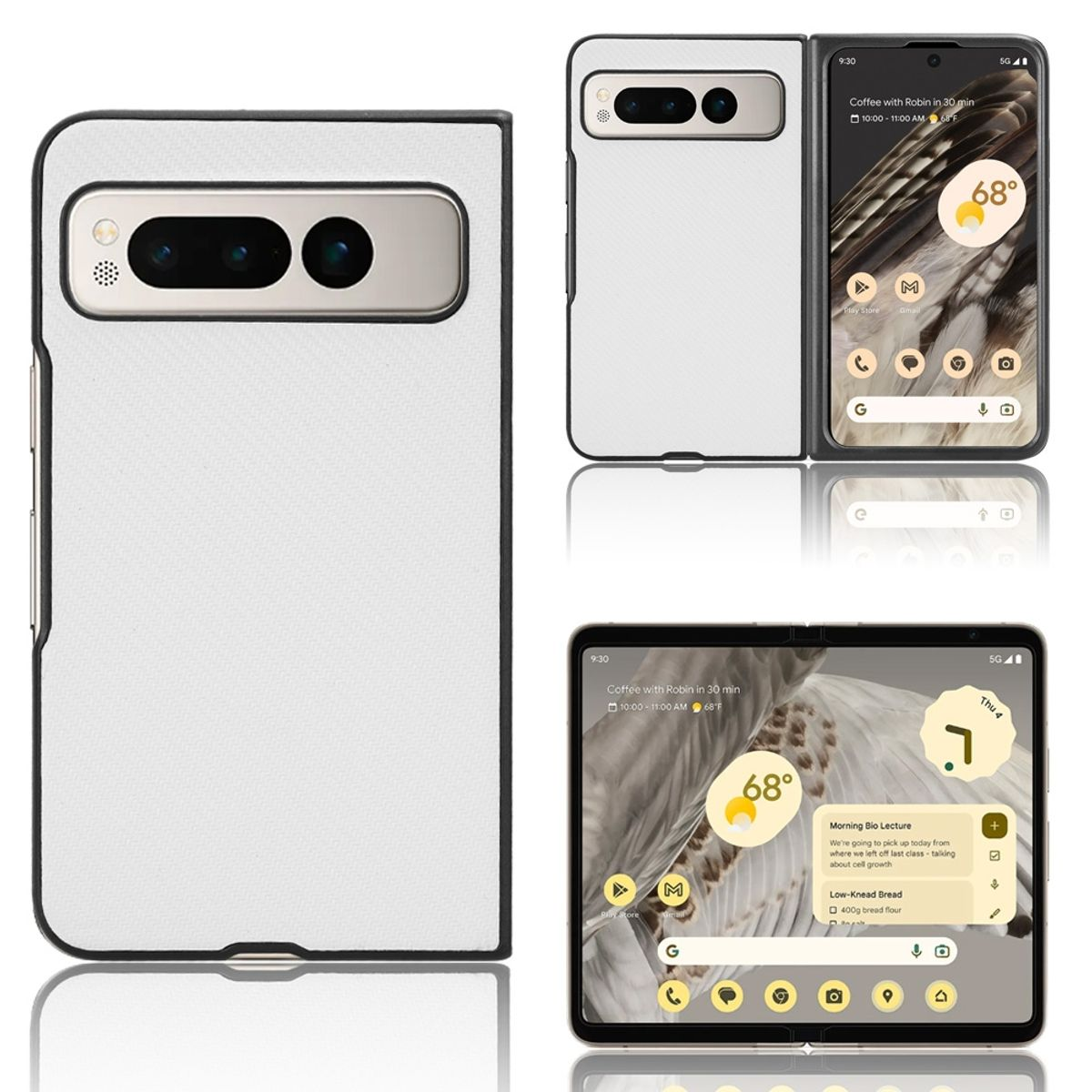 Weiß-schwarze Handyhülle. Das Telefon ist geöffnet und geschlossen mit einer weißen Oberfläche.