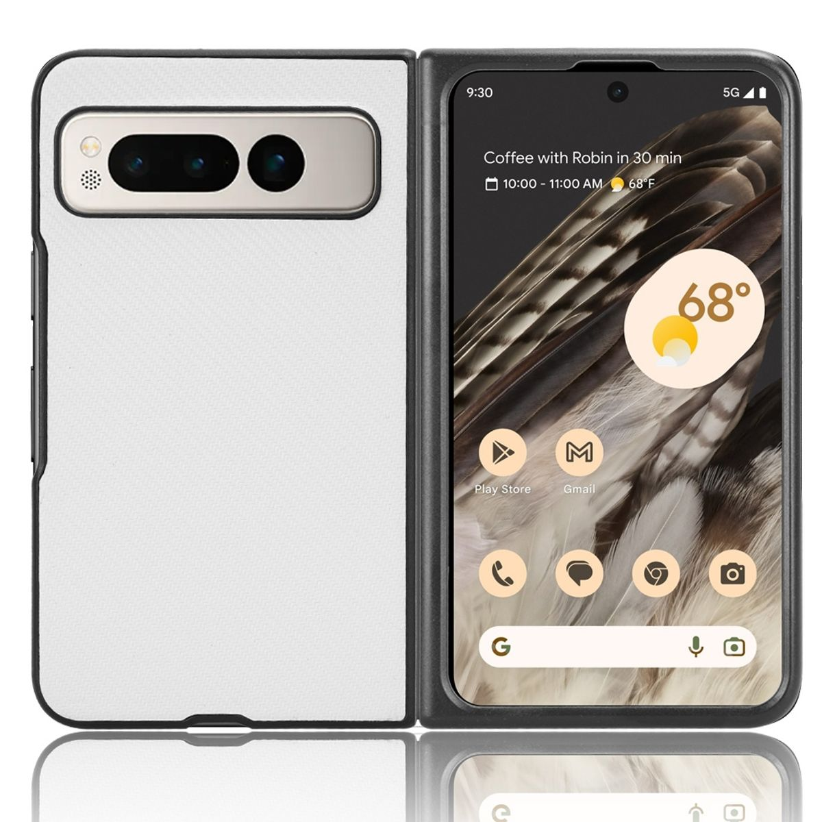 Faltbares Telefon geöffnet. Eine Seite ist leer, die andere zeigt App-Symbole und Wetterinformationen.