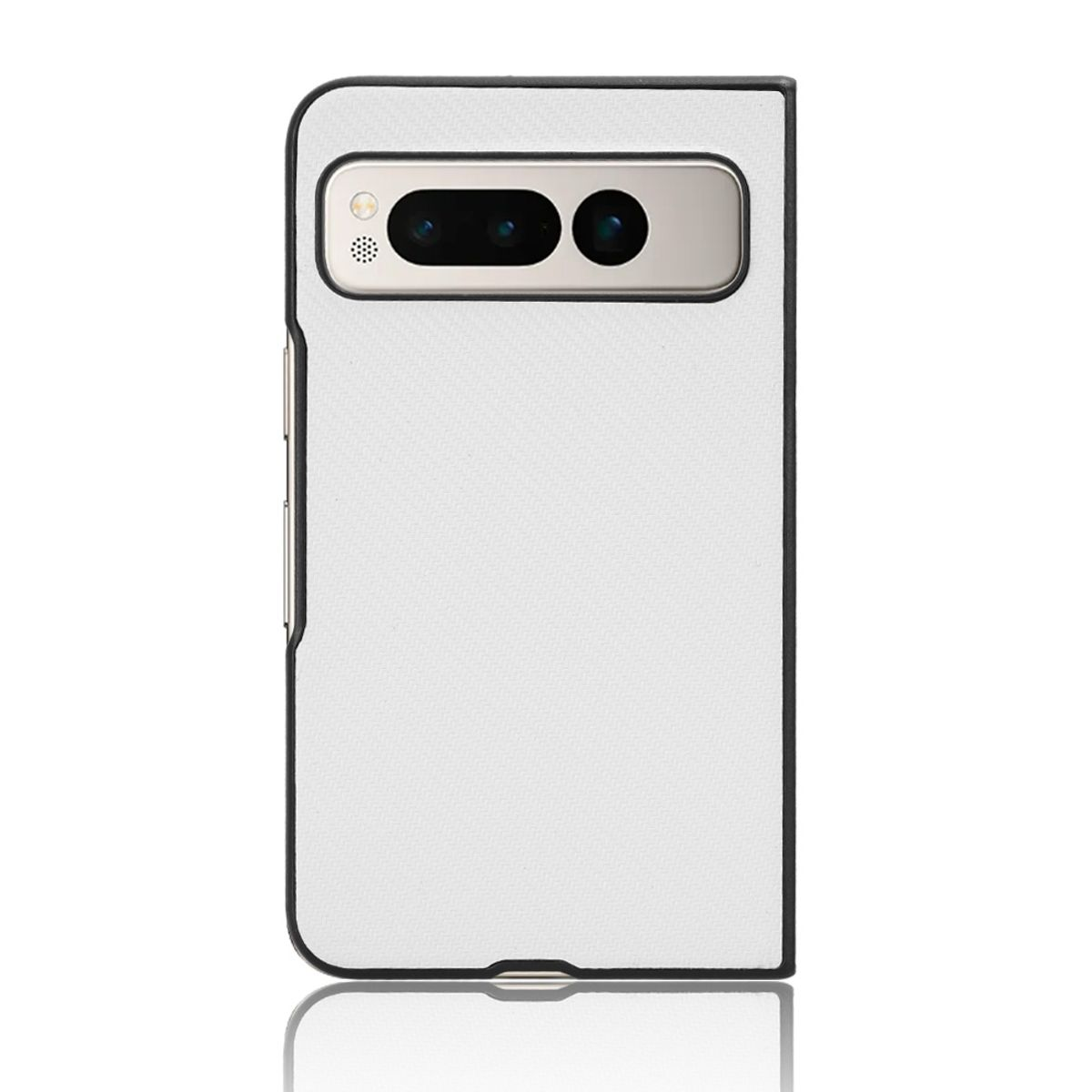 Weiße Handyhülle, offen, mit einem Telefon darin. Schwarz-weißes Design.