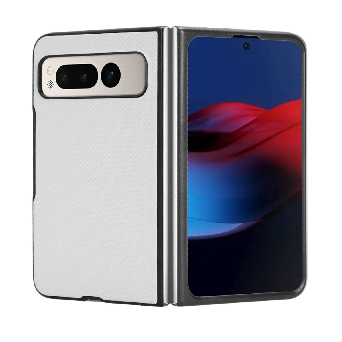 Faltbares Telefon in weißem und schwarzem Gehäuse, offen, um einen Bildschirm zu zeigen.