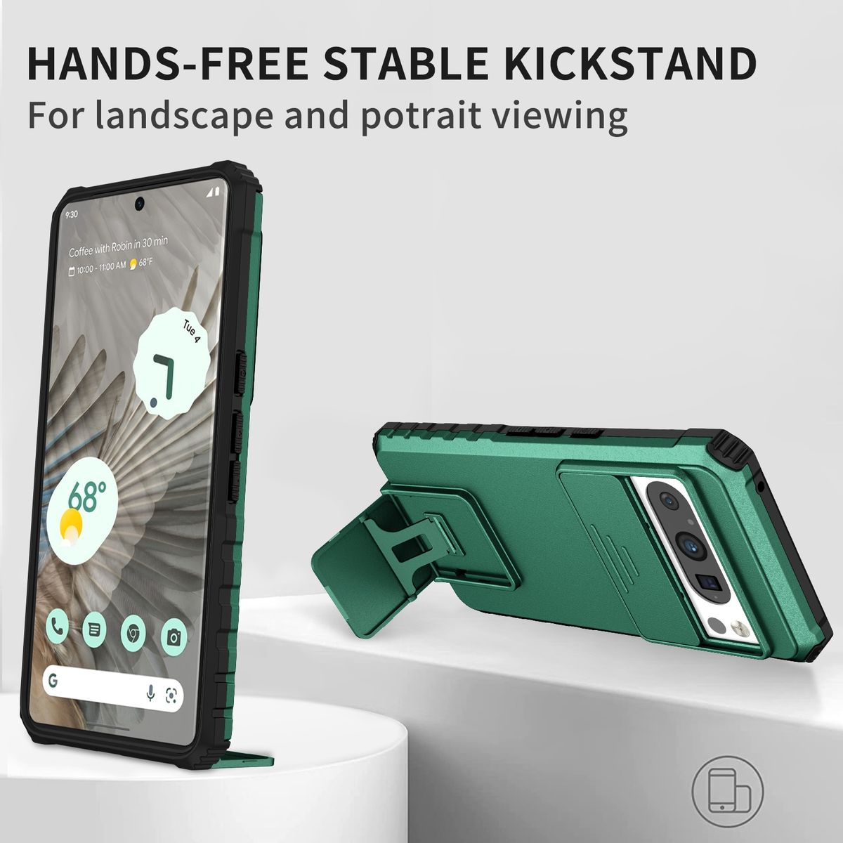 Grüne Handyhülle mit Telefon auf einem Ständer. Das Telefon zeigt einen Startbildschirm.
