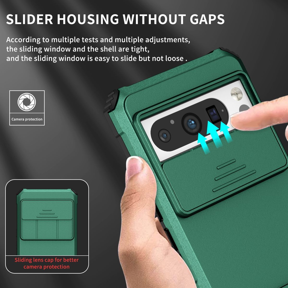 Grüne Handyhülle mit verschiebbarer Kameraabdeckung. Hand hält Telefon. Text: "Slider-Gehäuse..."