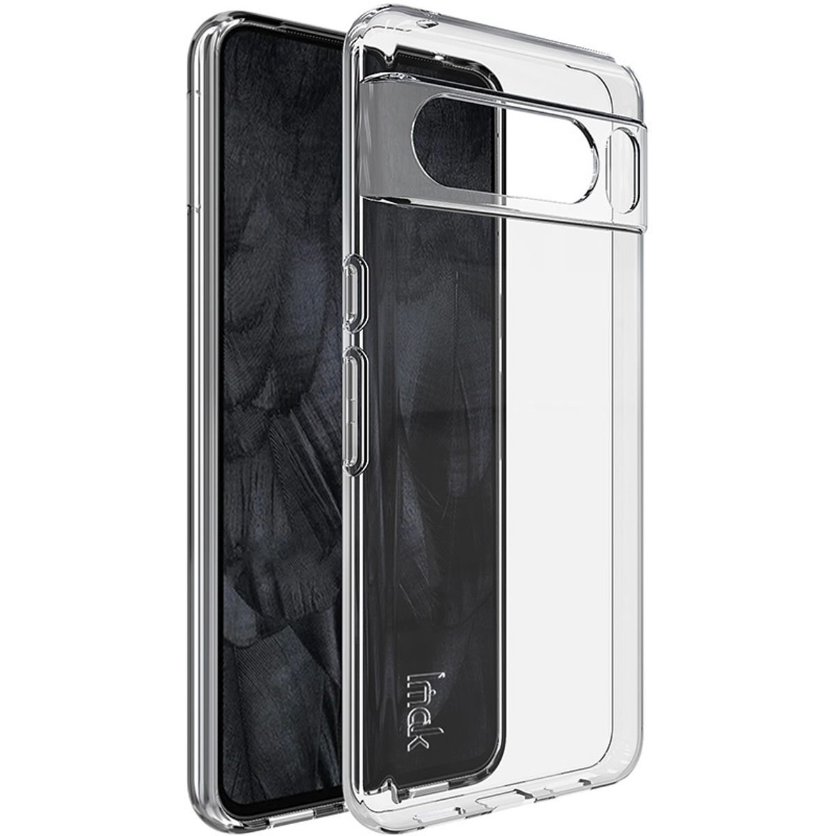 Transparente Handyhülle, Telefon im Inneren. Schwarzer Hintergrund.