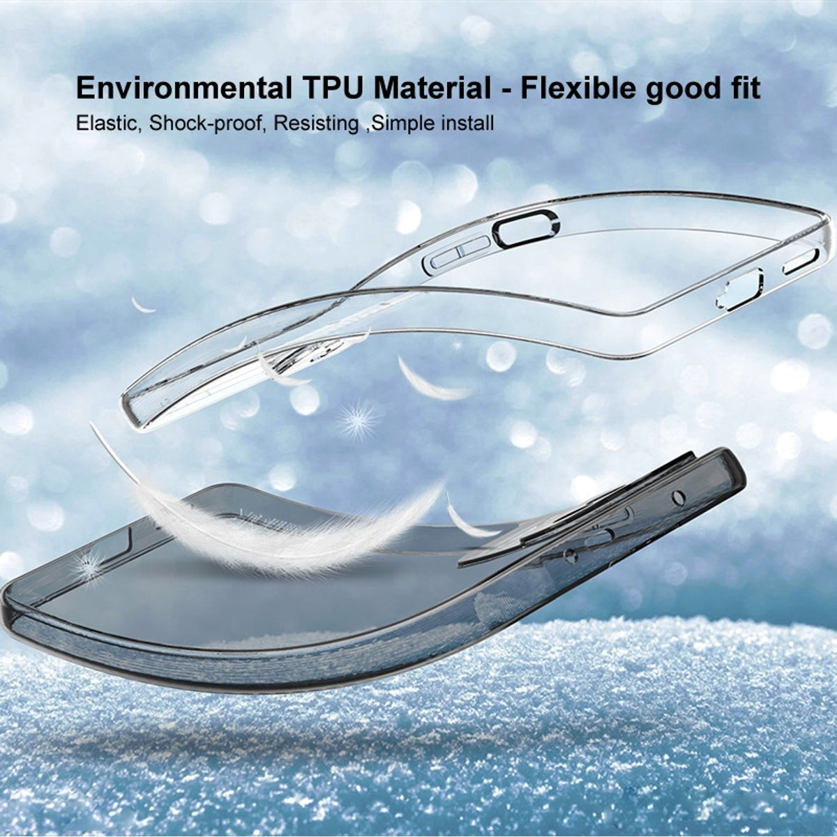 Transparente Handyhülle mit zwei Schichten. Federn und Wassertropfen sind im Hintergrund.
