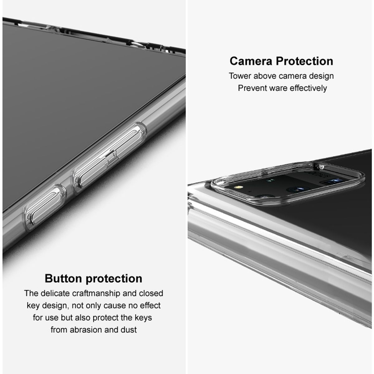 Transparente Handyhülle mit einem Telefon darin. Details zum Kamera- und Tastenschutz.