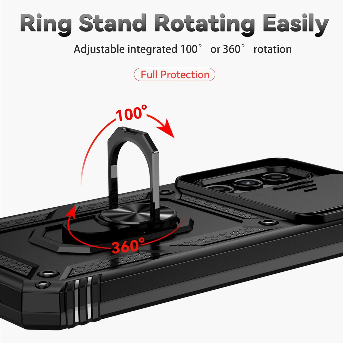 Eine schwarze Handyhülle mit einem Ringständer, der sich um 100° oder 360° dreht. Roter Pfeil zeigt Drehung.