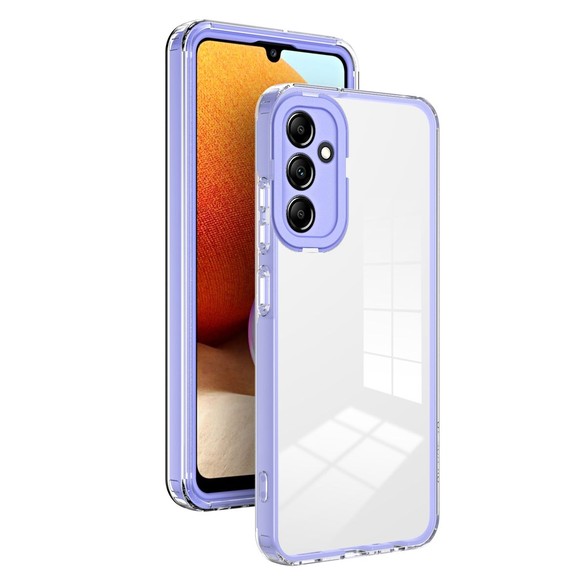 Eine transparente Handyhülle mit einem Telefon darin. Der Hintergrund ist weiß. Das Telefon ist lila.