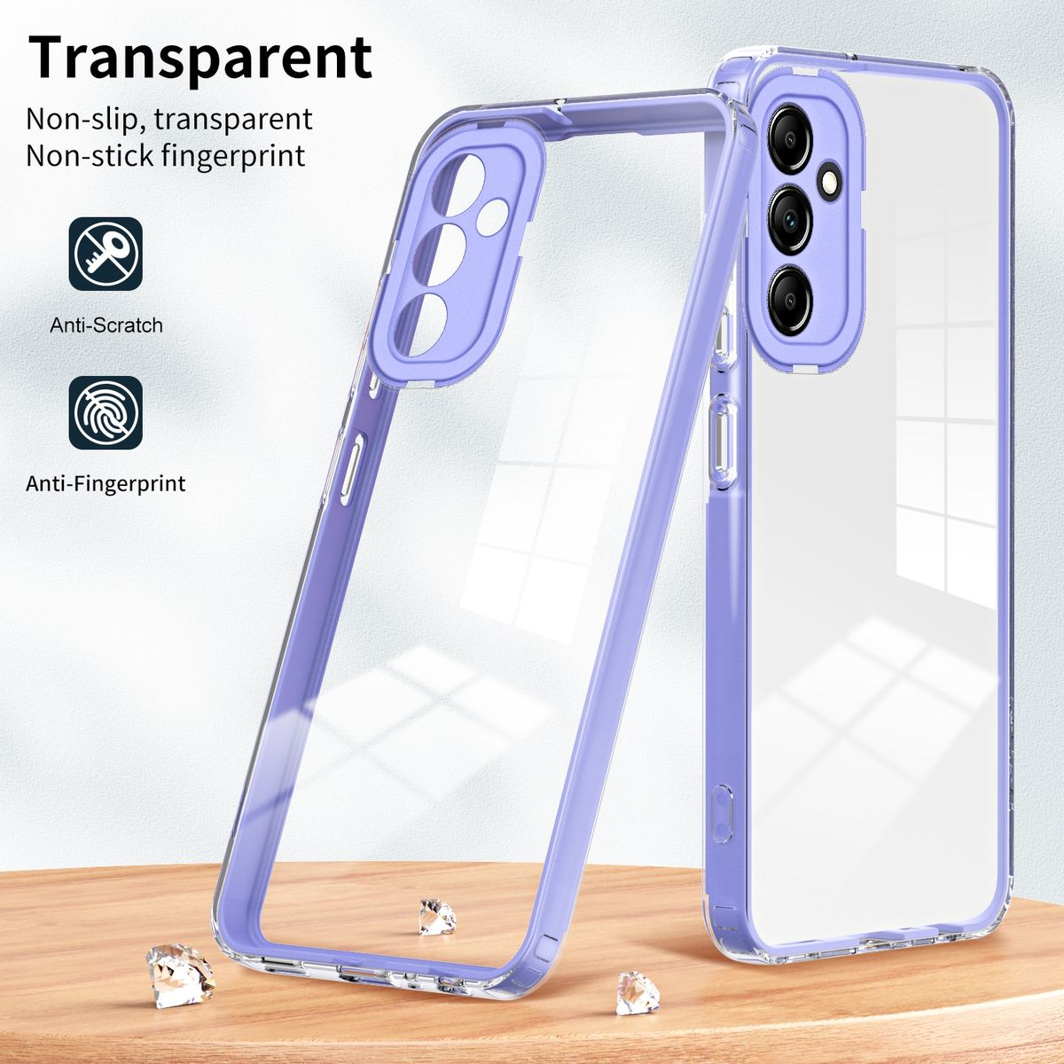 Transparente Handyhülle mit lila Akzenten. Das Telefon ist im Inneren. Anti-Kratz- und Anti-Fingerabdruck-Etiketten.