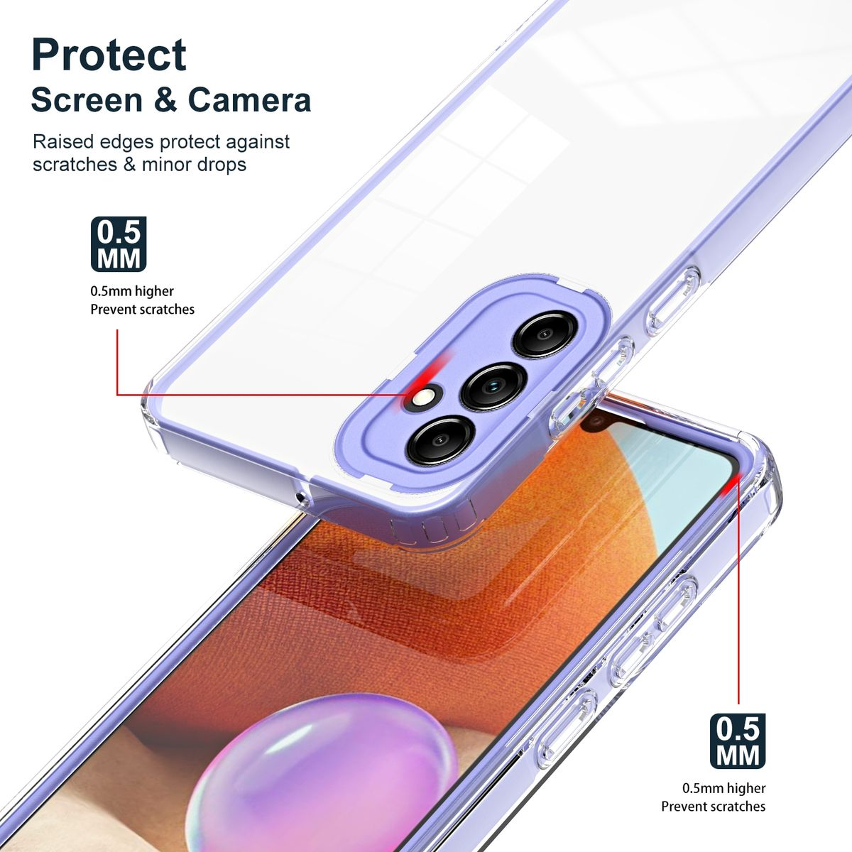 Eine transparente Handyhülle, die ein Telefon schützt. Merkmale sind erhöhte Kanten und Schutz.