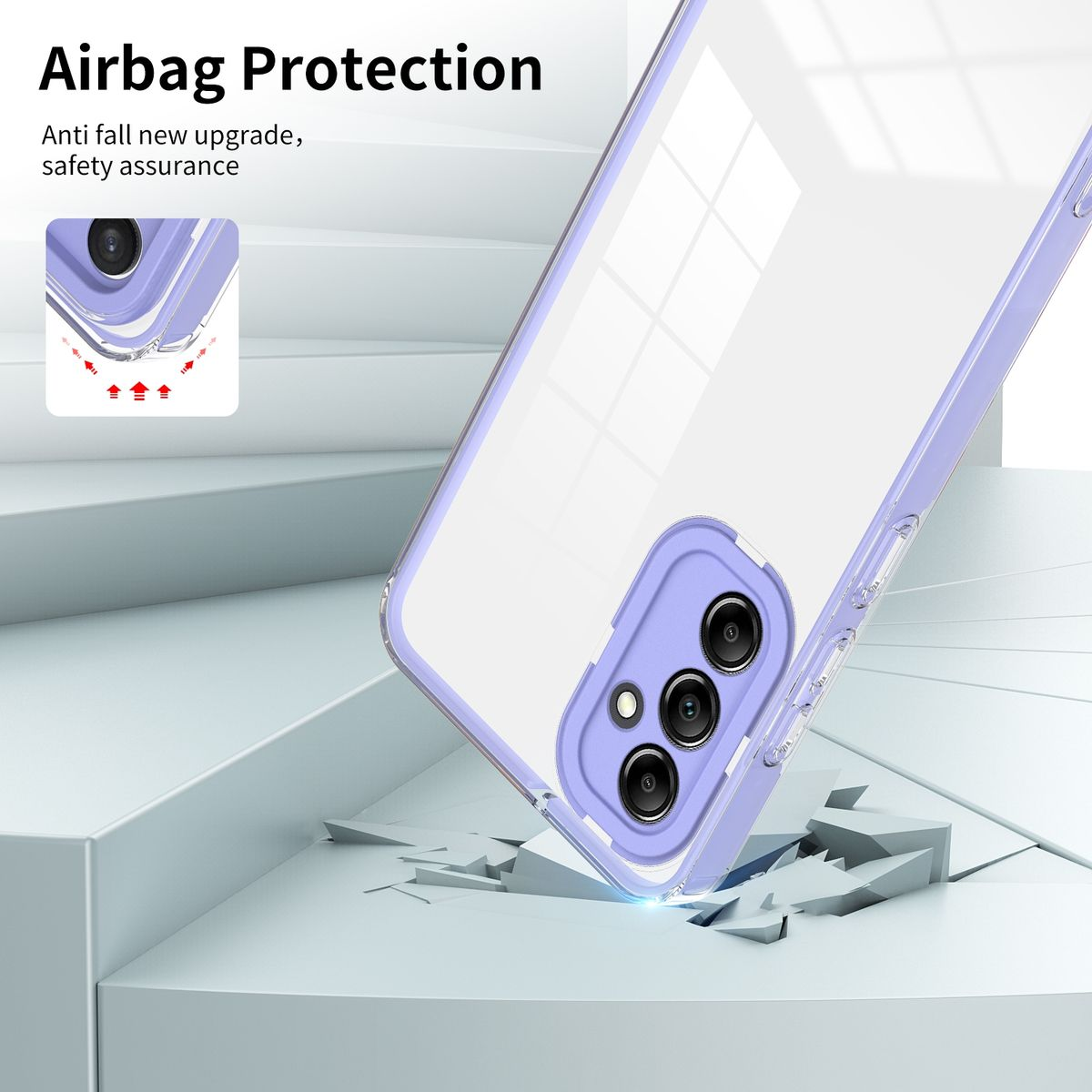 Transparente Handyhülle mit lila Rahmen. Auf einer Oberfläche, mit Airbag-Schutz-Label.