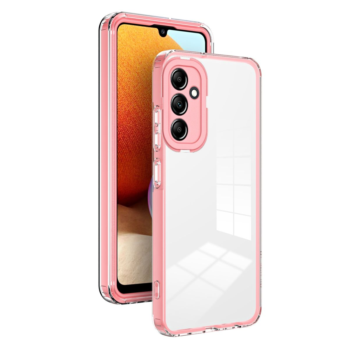 Rosa Handyhülle auf einem Handy, transparentes Rückteil. Telefon ist hinter der Hülle sichtbar.