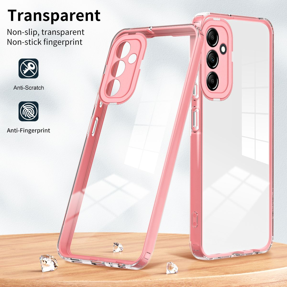Rosa Handyhülle, transparent. Zeigt Telefon innen. Weißer Hintergrund.
