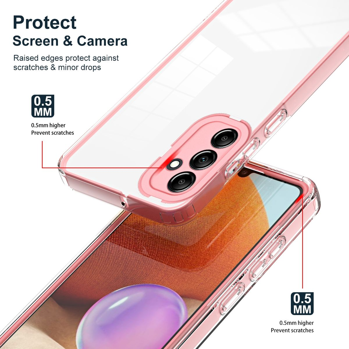 Rosa Handyhülle schützt ein Telefon, hebt erhöhte Kanten für Bildschirm und Kamera hervor.
