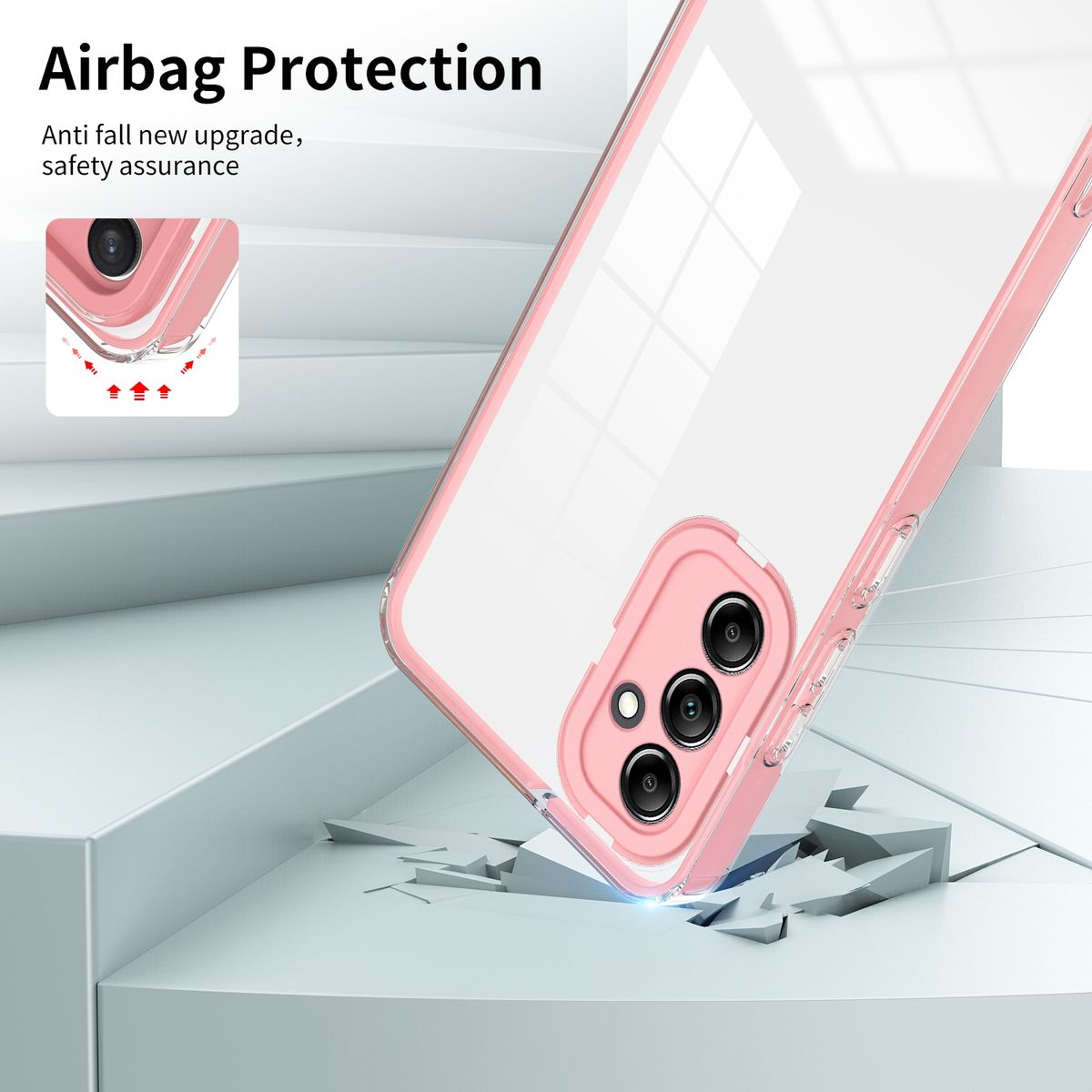 Eine durchsichtige pinkfarbene Handyhülle schützt ein Telefon. Die Hülle ist auf einer weißen Oberfläche angewinkelt.