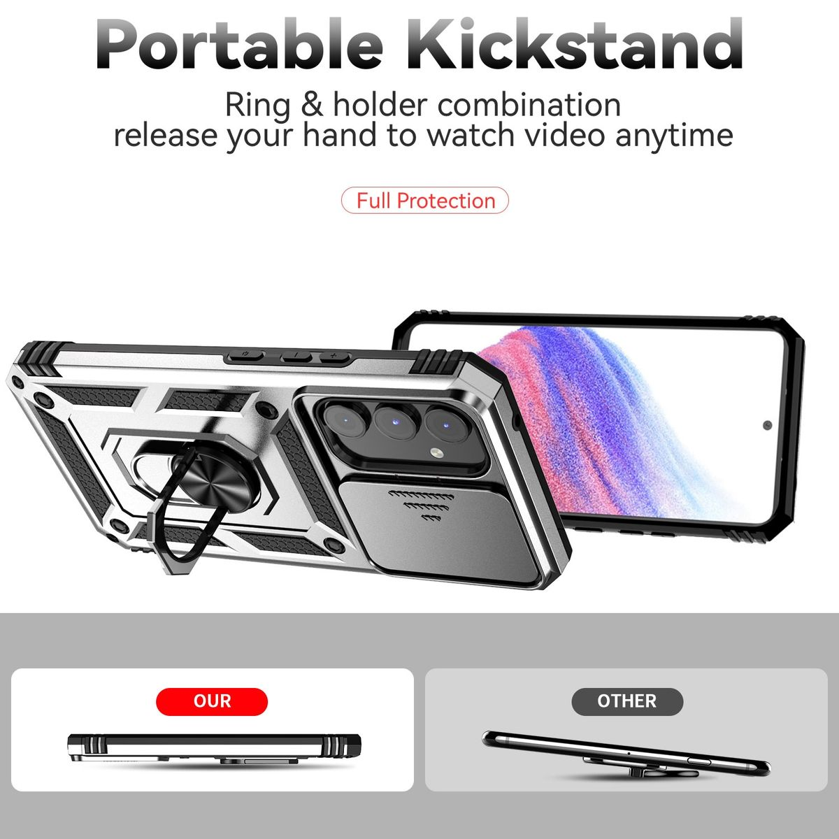 Handyhülle mit Ring-Kickstand. Silber- und Schwarzfarben. Das Telefon befindet sich auf der rechten Seite, im Hintergrund.