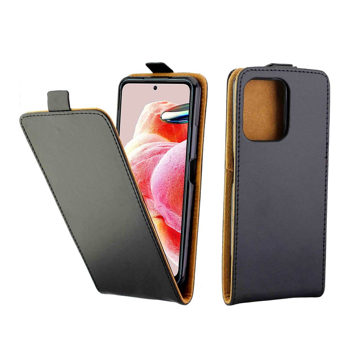 Schwarze Handyhülle mit Telefon. Geöffnete und geschlossene Ansicht, braune Innenseite.