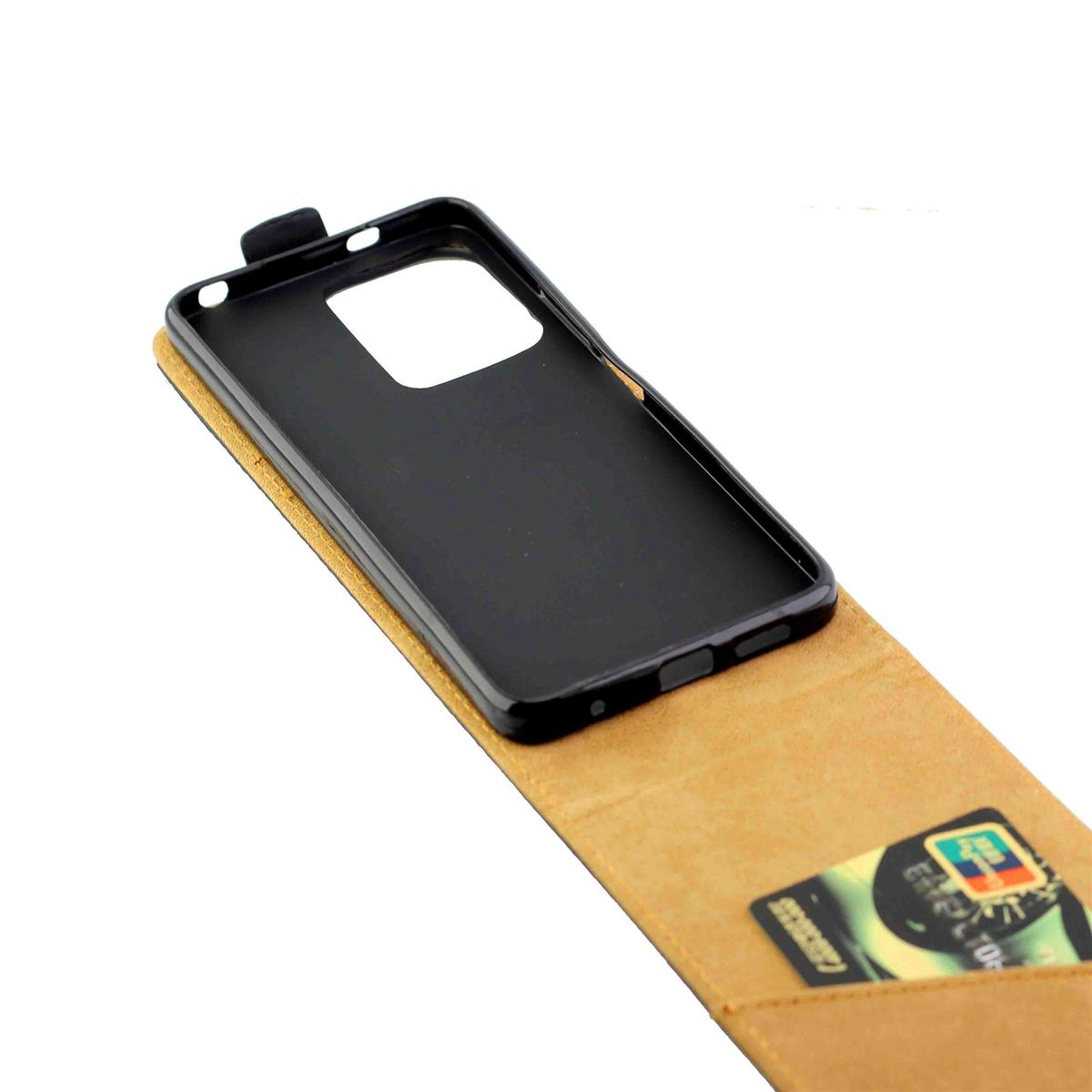 Geöffnete Handyhülle mit schwarzem Telefon. Die Hülle ist beige mit Kartenfach.