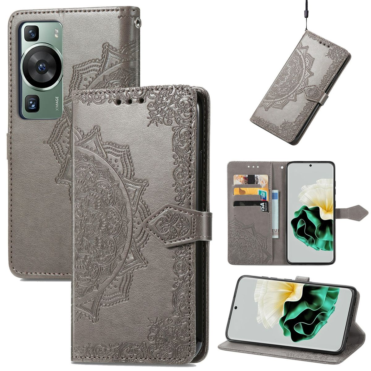 Graue Handyhülle mit Mandala-Design, mit mehreren Ansichten: vorne, hinten, offen und in Gebrauch, mit einem Telefon.