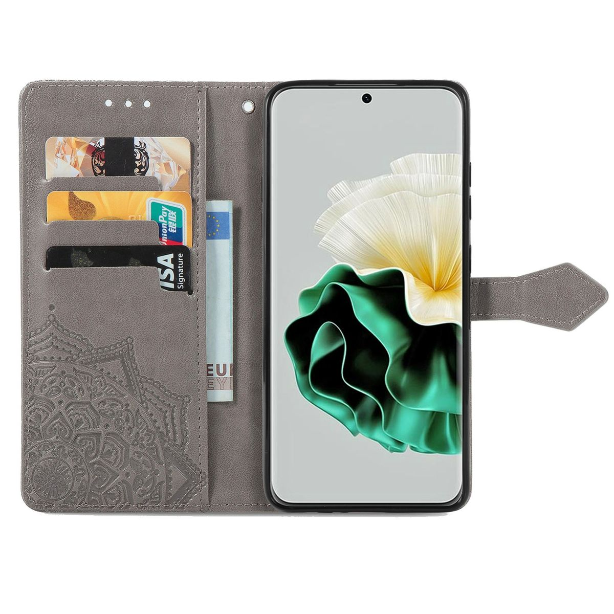 Graue Handyhülle offen, mit Karten und Telefon. Das Telefon zeigt ein Blumenbild.