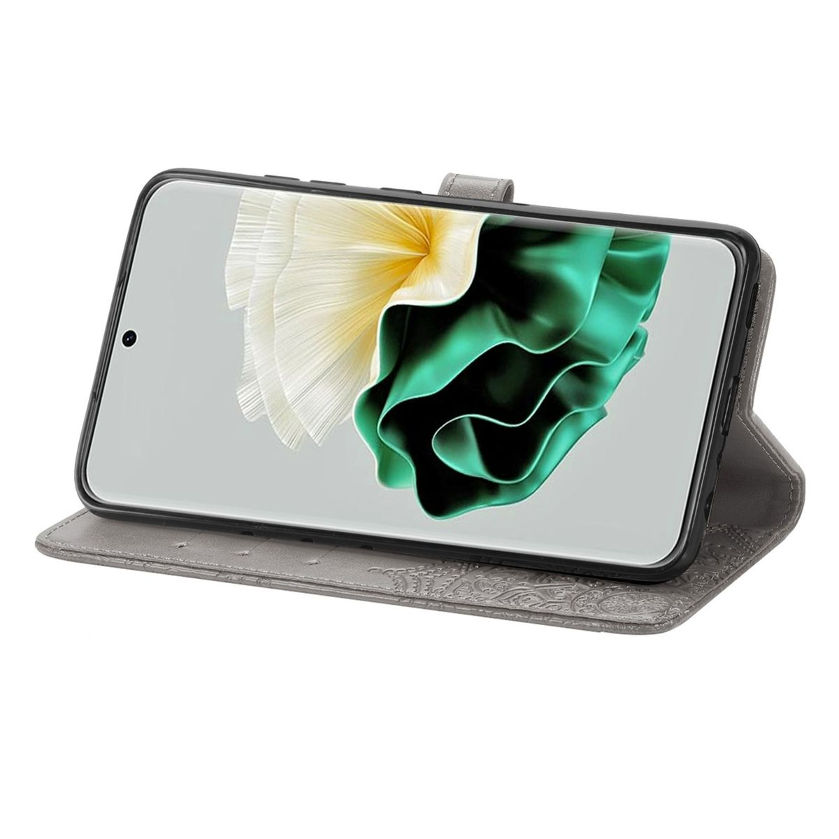 Graue Handyhülle geöffnet, zeigt einen Telefonbildschirm mit einem Naturbild.