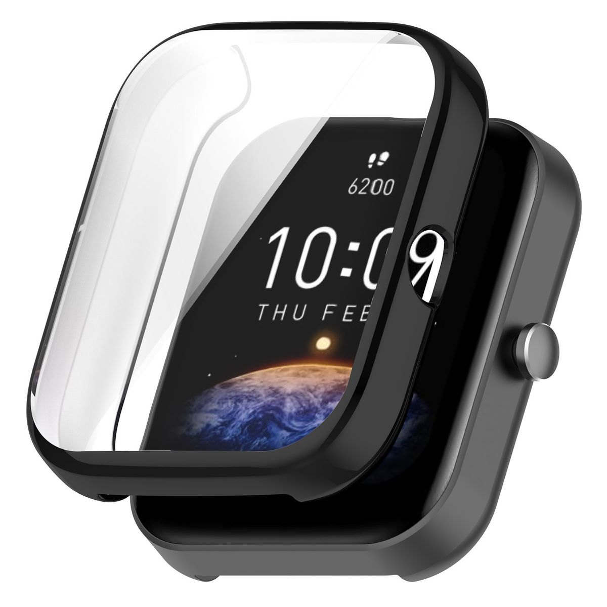Eine Smartwatch mit schwarzem Gehäuse und klarer Abdeckung. Der Bildschirm zeigt Uhrzeit und Datum an.