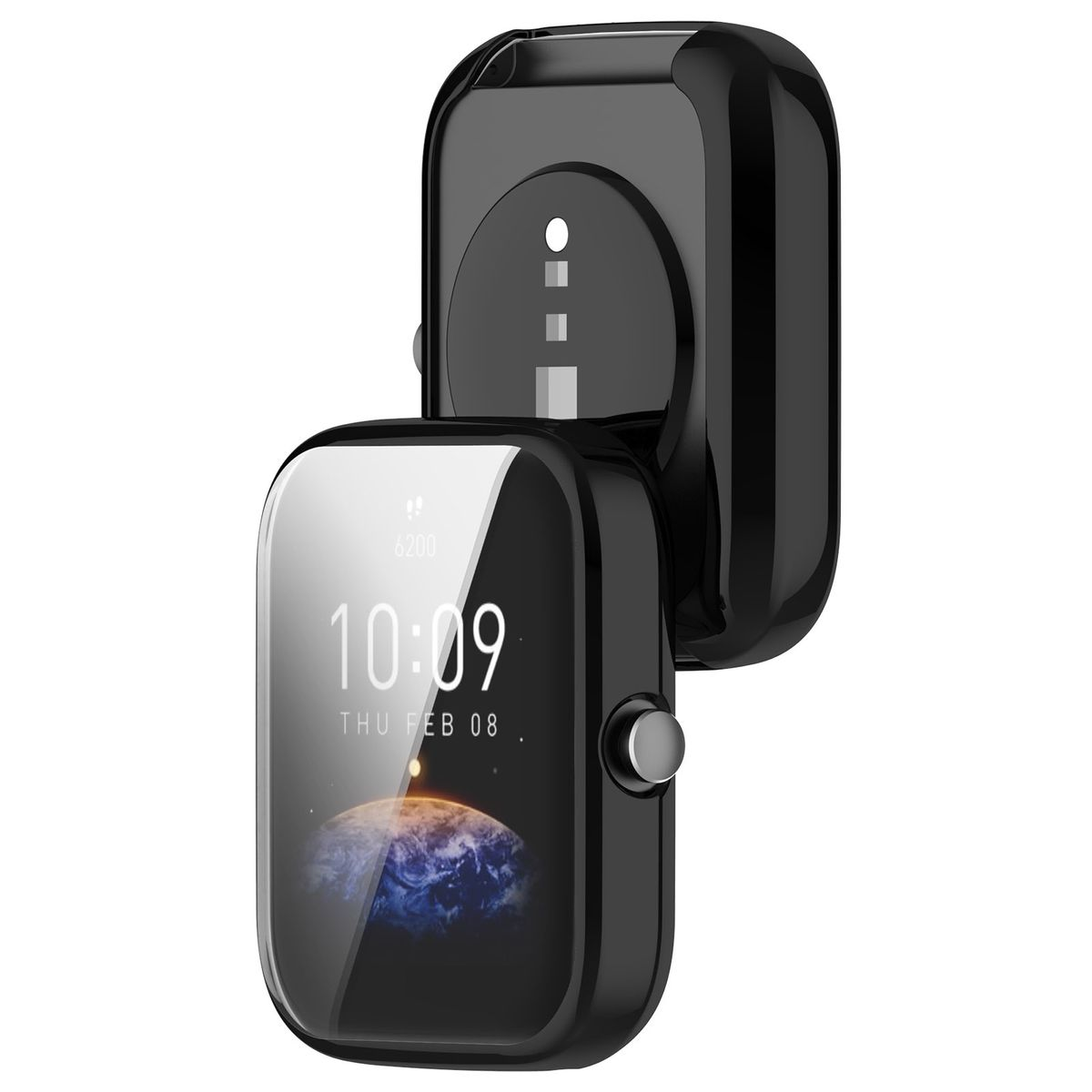 Schwarze Smartwatch mit Ladecase. Der Bildschirm zeigt die Zeit: 10:09, Donnerstag 08. Feb.