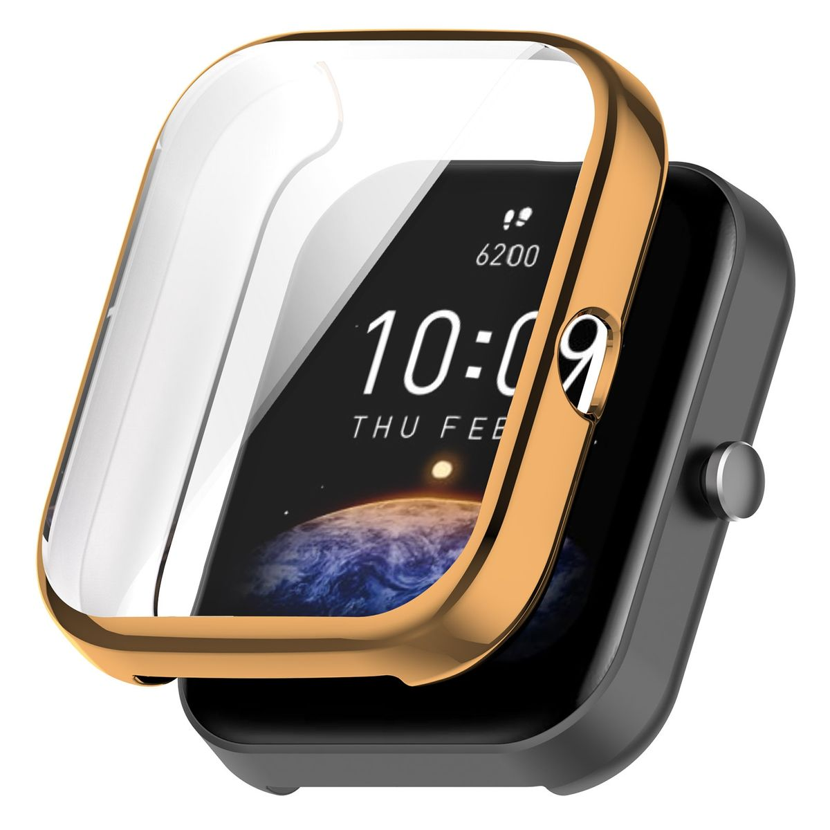 Smartwatch mit goldfarbenem Gehäuse. Das Gehäuse ist geöffnet und zeigt das Zifferblatt.
