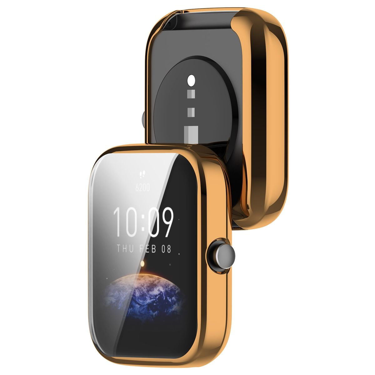 Goldenes Uhrengehäuse, geöffnet, um eine Smartwatch freizugeben. Das Zifferblatt zeigt die Zeit.