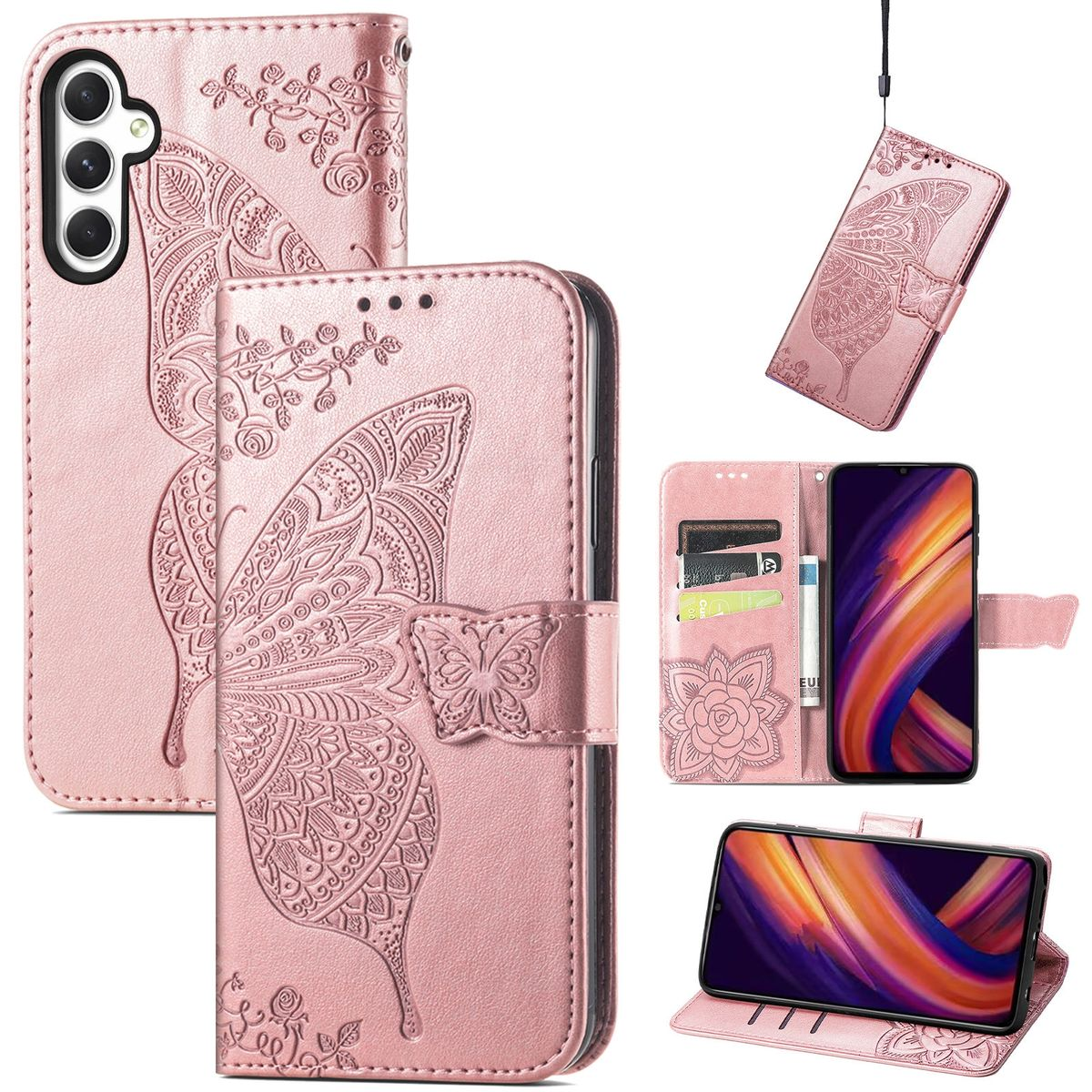 Rosa Handyhülle mit Schmetterlingsdesign. Mehrere Ansichten der Hülle und des Telefons.
