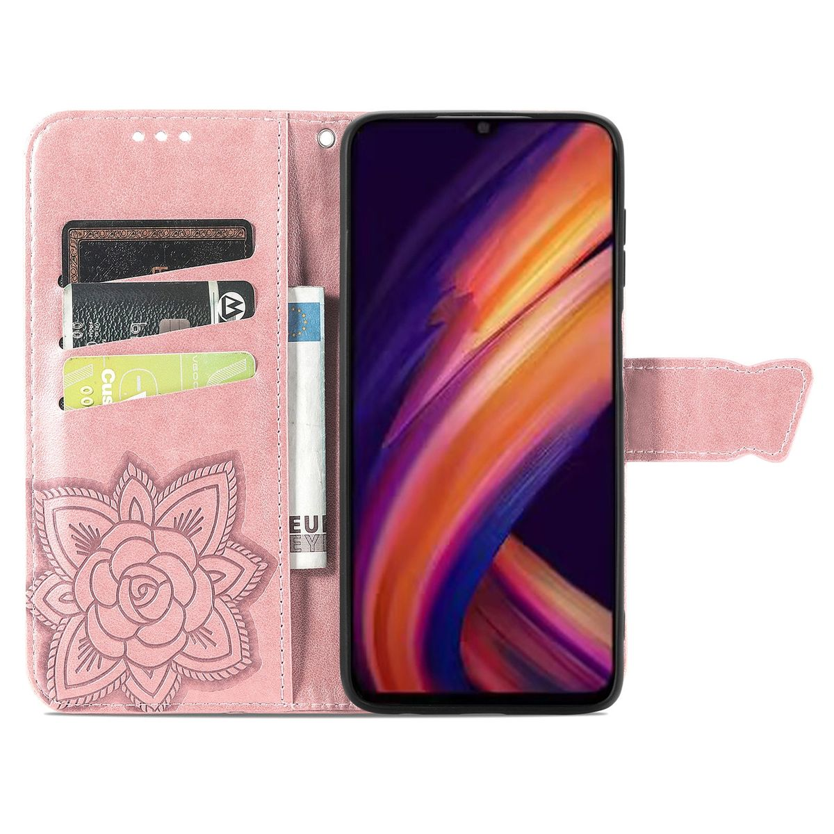 Rosa Handyhülle mit Blumendesign. Das Telefon befindet sich in der Hülle und zeigt den Bildschirm.