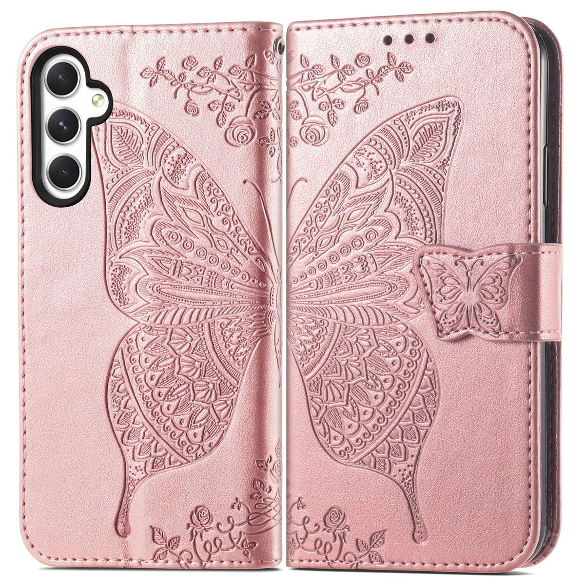 Rosa Handyhülle mit Schmetterlingsdesign. Hülle ist geöffnet, Telefon innen sichtbar.
