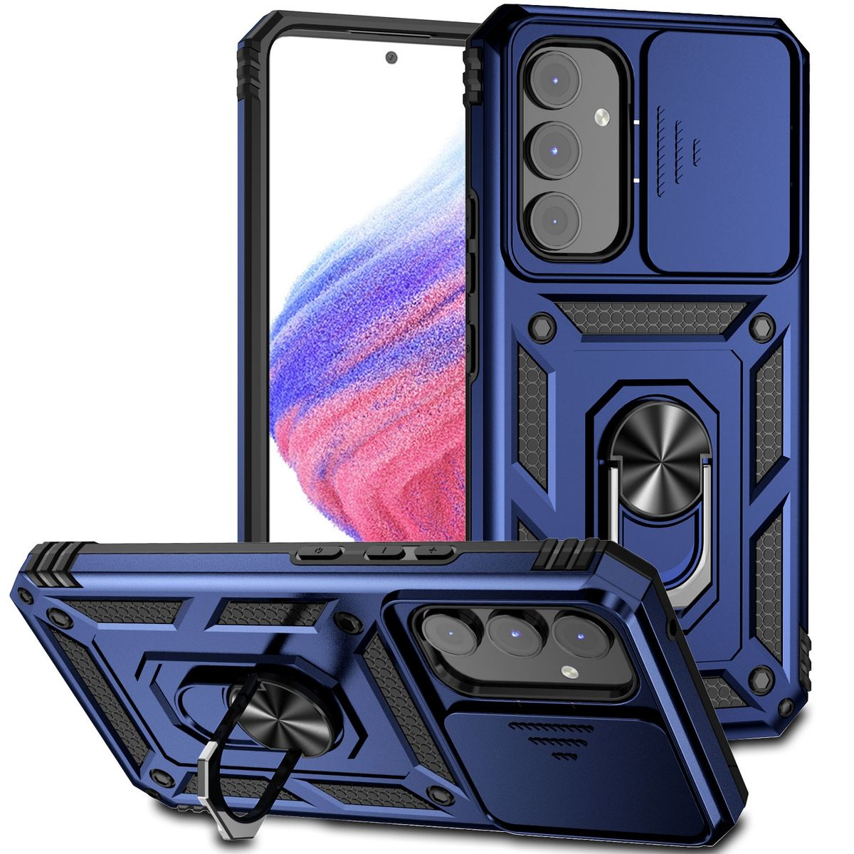 Blaue Handyhülle. Sie hat einen Ringhalter, eine Kameraabdeckung und ein robustes Design.