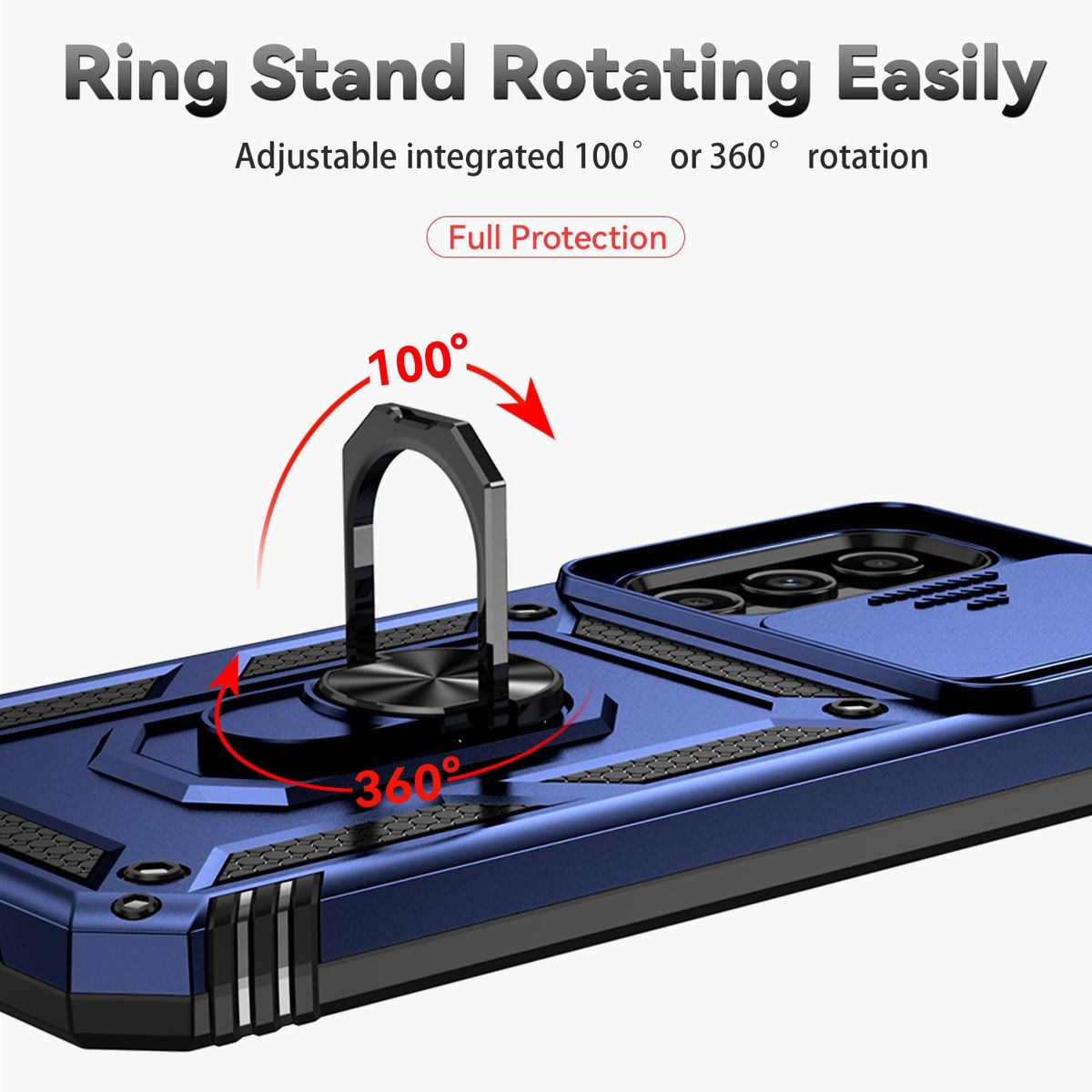 Eine blaue Handyhülle mit einem Ringständer. Der Ringständer kann sich um 100° und 360° drehen.